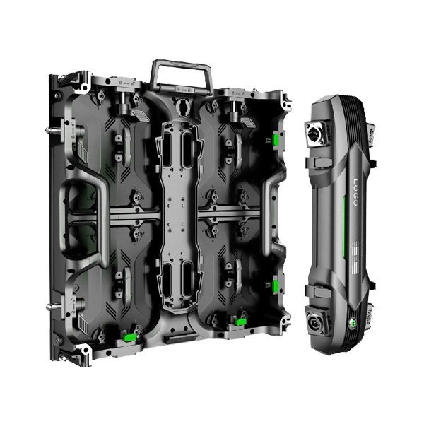 Detailed view of Adhaiwell rental LED cabinet with a detachable integrated power box containing the power supply, receiving card, and HUB board in one streamlined unit with wireless hard connectors.