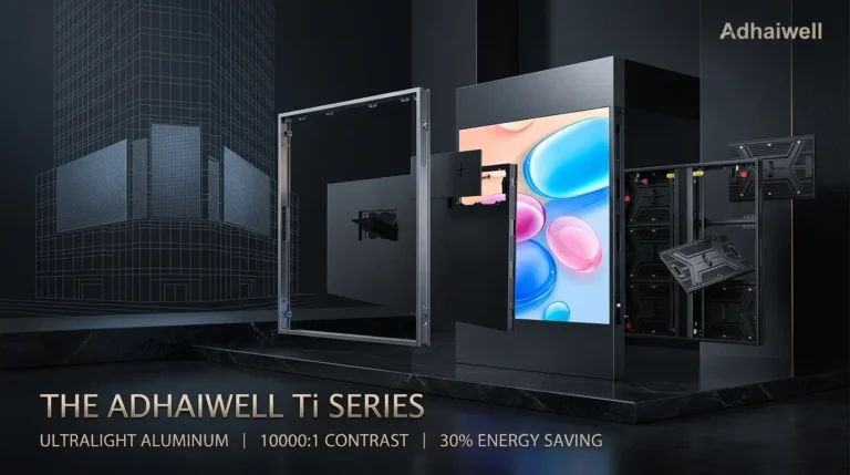 Adhaiwell high-performance industrial-grade aluminum LED display from the Ti Series, presented in a deconstructed view to highlight precision engineering, ultra-high contrast, and energy-saving technology.
