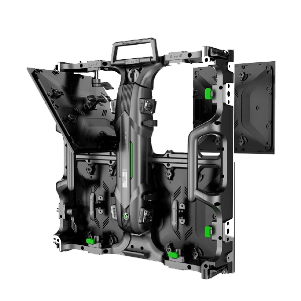 Exploded view of Adhaiwell rental LED cabinet showing modular design with detachable LED modules and power box, supporting easy front and rear maintenance without tools.
