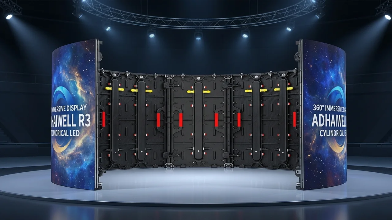 Inside view of an Adhaiwell R3 Series 12-cabinet cylindrical LED video wall assembly, showing the smooth, active galaxy-themed outer display and the highly engineered, wireless chassis structure on the inner side with precision arc locks and power hub.
