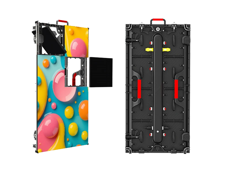 R3 indoor and outdoor rental LED screen module showing magnetic front service and rear screw maintenance capability for fast stage repair.