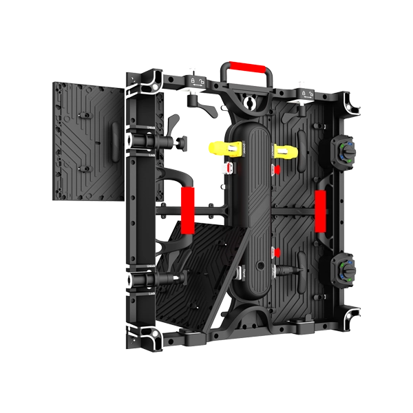 Professional R3 LED module showing magnetic front service and rear screw access for quick maintenance in stage rental applications.