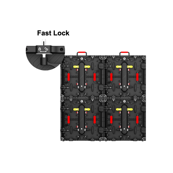 Close-up of R3 LED cabinet showing the high-performance travel lock and ergonomic handle for one-man fast installation and seamless alignment.