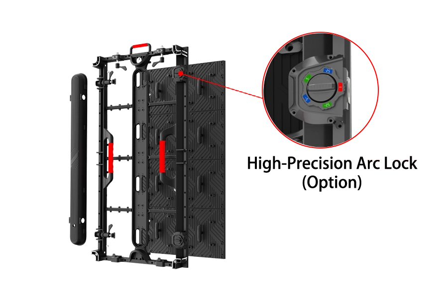 Close-up of R3 rental LED cabinet featuring an innovative half-arc lock for $-5^{\circ}$ to $+5^{\circ}$ angle adjustment and curved screen assembly.