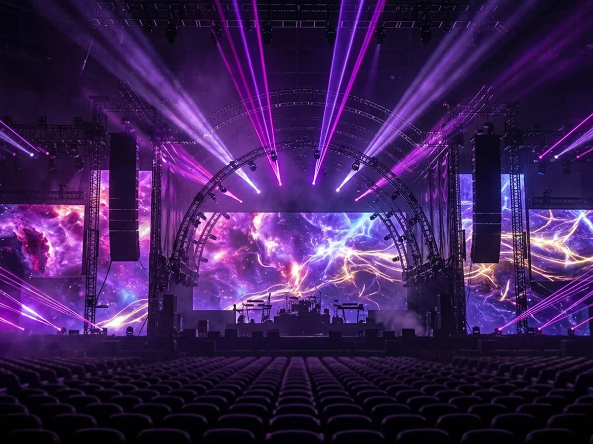 Professional concert stage featuring a seamless giant LED video wall with purple ambient lighting, stage trusses, and empty audience seating in an arena.