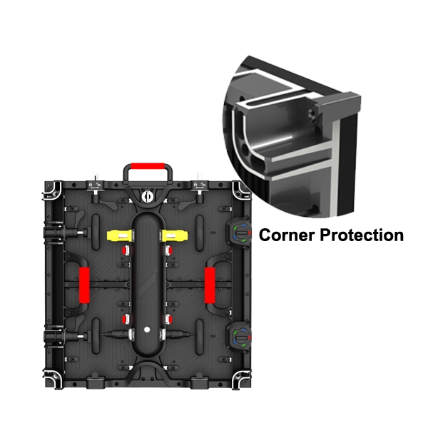 Close-up of R3 rental LED cabinet featuring foldable corner protectors and bottom anti-collision design to prevent LED lamp damage during setup.
