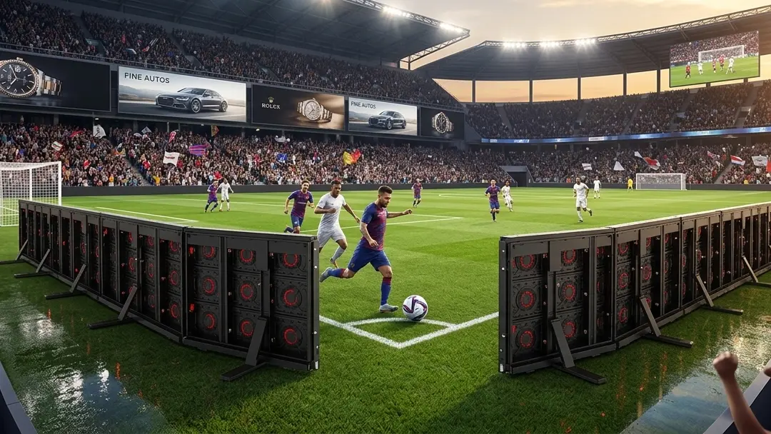 Adhaiwell stadium LED perimeter screen with 90°-180° adjustable angle design, enabling seamless corner fitting and flexible layout for professional football stadiums and sports arenas.