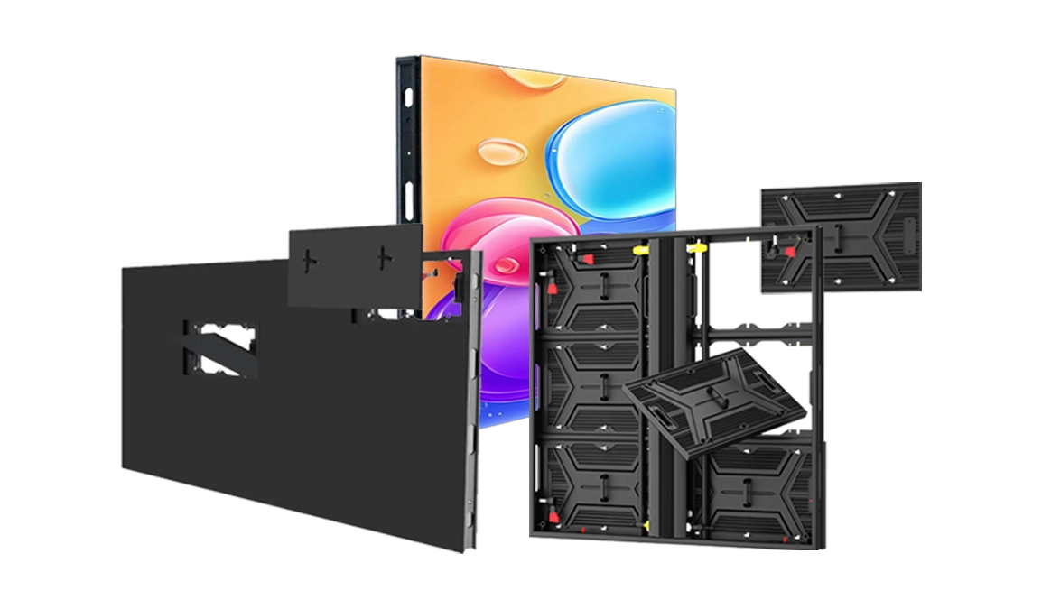 Adhaiwell industrial-grade aluminum LED display showing front and rear access maintenance features for space-limited installations