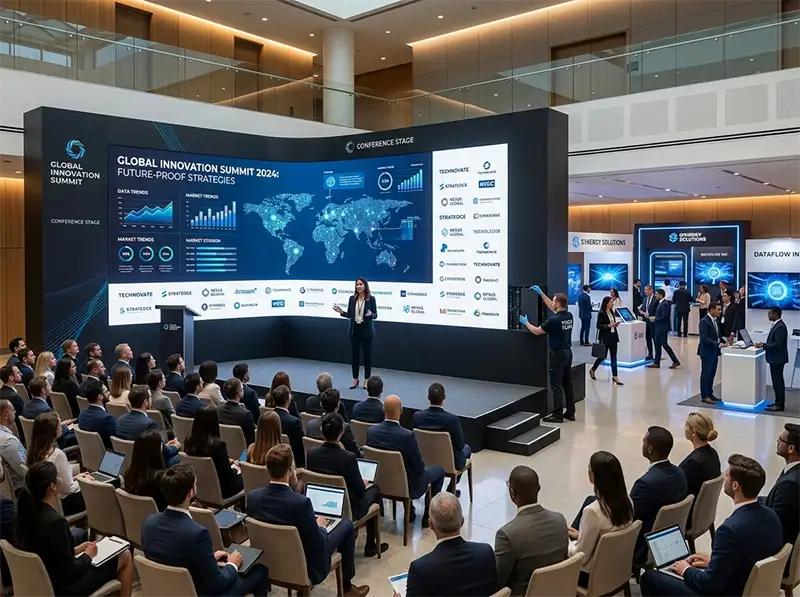 Indoor rental LED video wall installed at corporate conference and exhibition, displaying professional business visuals for meetings and event presentations