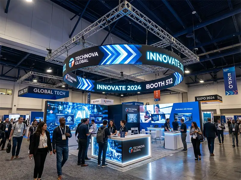 Modular LED video wall at a trade show booth displaying dynamic advertising content, attracting visitors at an exhibition stand
