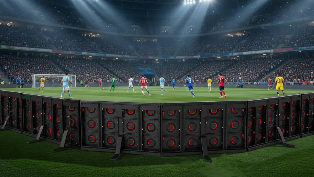 Adhaiwell adjustable-angle stadium LED perimeter screen in a professional football stadium, with seamless corners and flexible 90°-180° installation for continuous brand advertising and live sports content.