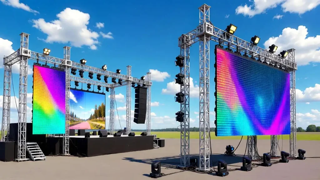 Fast-install P2.6 outdoor rental LED display for concert stage events with 6500 nits brightness.