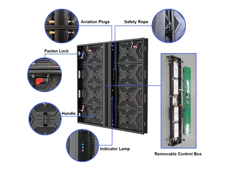 Modular aluminum profile alloy outdoor LED display cabinet with fasten lock, handle, aviation plugs, safety rope, indicator lamp and removable control box for easy installation and maintenance LED Display Screen Manufacturer