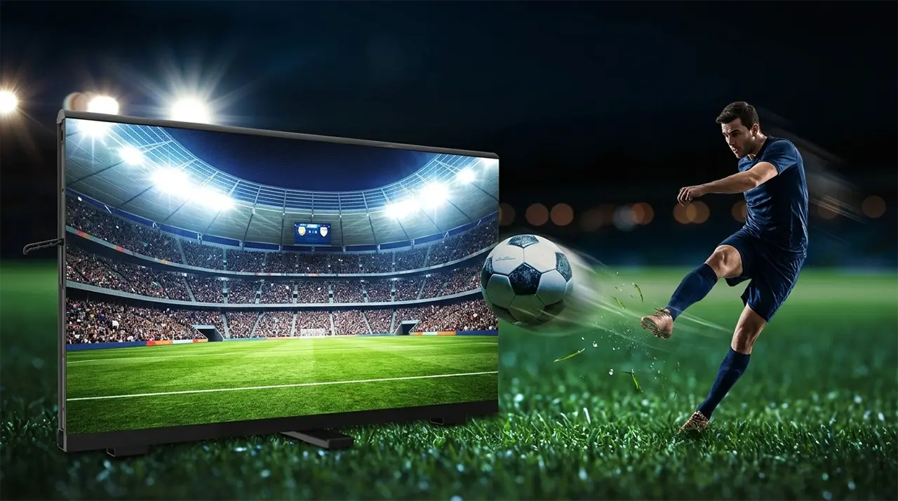 Adhaiwell energy-saving aluminum profile outdoor LED perimeter display for professional football stadiums, featuring 6500nits high brightness, 3840Hz high refresh, IP65 waterproof, NovaStar fiber-optic long-distance control, player-safe soft mask, and ultra-lightweight design for live sports replays and arena advertising