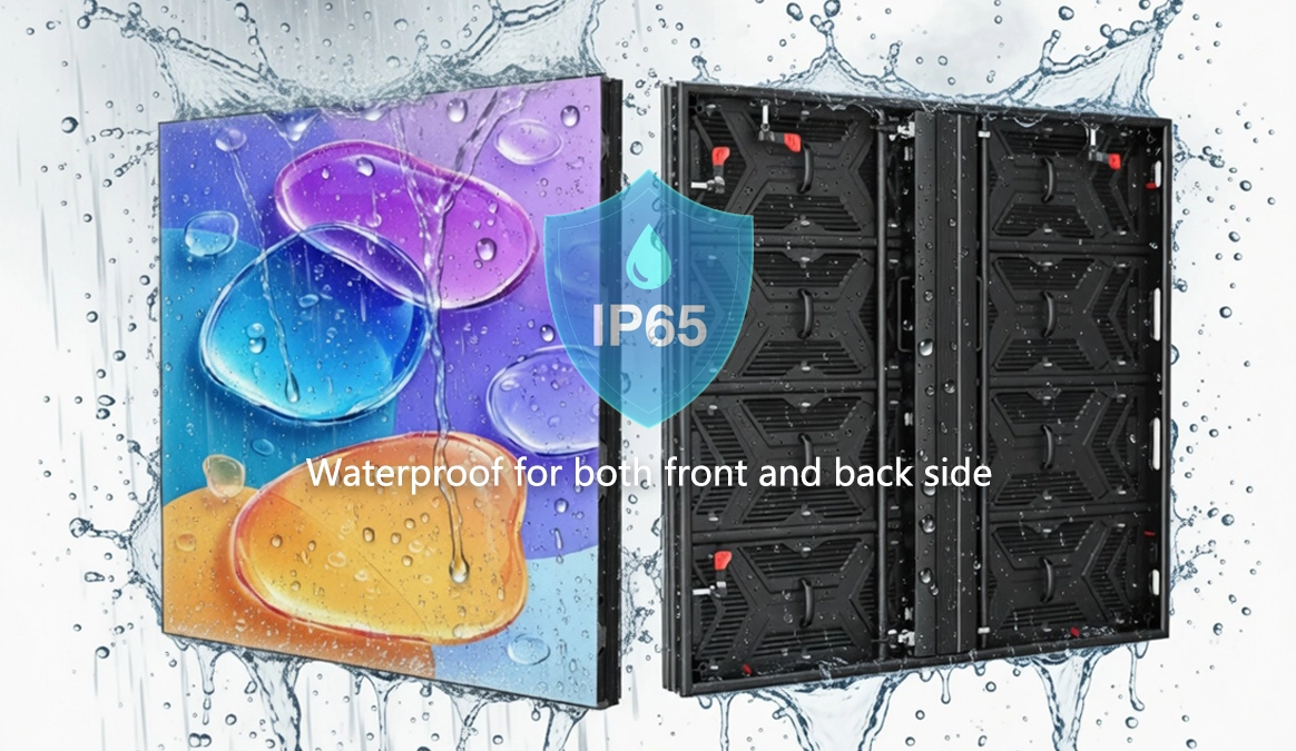 Aluminum profile alloy outdoor LED display cabinet with strong waterproof effect. Colorful LED screen covered in water droplets and splashes, paired with black aluminum cabinet, demonstrating IP65/IP66 protection, energy-saving design, and durability for outdoor advertising and digital signage.