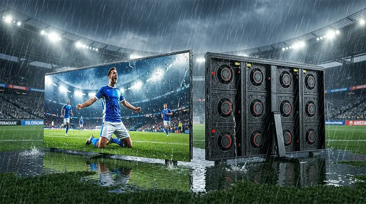 dhaiwell IP65 waterproof aluminum profile LED perimeter display for professional football stadiums, engineered to withstand heavy rain and extreme outdoor weather conditions. Featuring 6500nits high brightness, NovaStar fiber-optic control, and a rugged cabinet structure for reliable live sports broadcasting in all environments.
