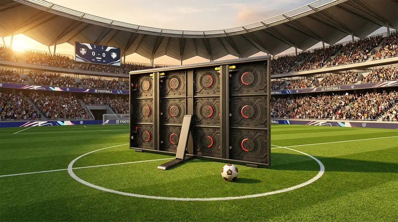 Adhaiwell high-performance aluminum profile outdoor LED perimeter display for professional football stadiums, featuring 6500nits high brightness, 3840Hz high refresh, IP65 waterproof, NovaStar fiber-optic long-distance control, ultra-lightweight design, and player-safe soft mask for live sports replays and arena advertising