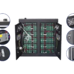 Internal view of LED display steel cabinet showing power supply, receiving card, and cooling fans.