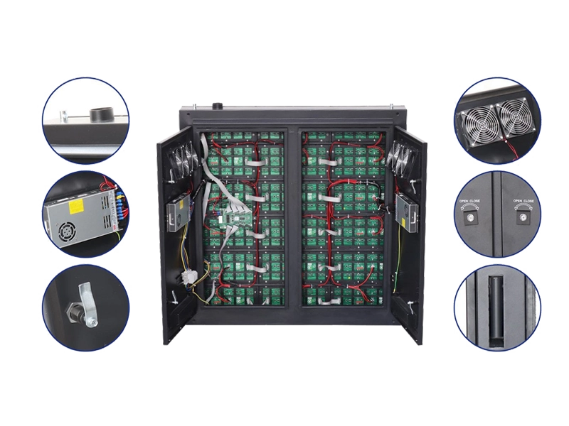 Internal view of LED display steel cabinet showing power supply, receiving card, and cooling fans.