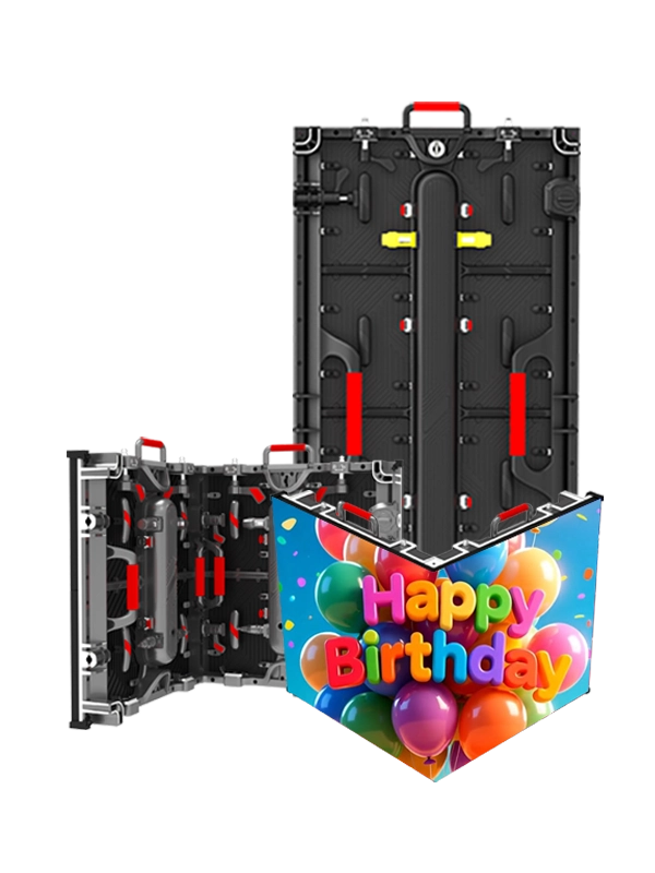 Adhaiwell L-shape right angle rental LED display, 3D naked-eye LED video wall, die-cast aluminum cabinet, flexible 90-degree splicing for immersive 3D content, stage, event, and retail LED screen applications