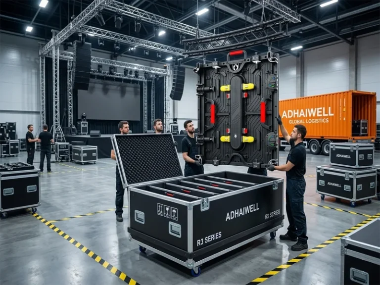 Adhaiwell R3 series 500x1000mm rental LED display being loaded into custom road case (flight case) by technicians, professional packaging for event LED video wall, stage rental LED screen transport and installation.