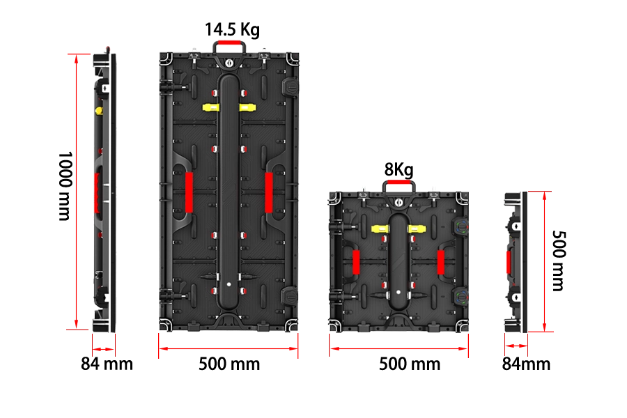 Adhaiwell ultra-light rental LED cabinet dimensions: 500x500mm (8kg) and 500x1000mm (14.5kg), 84mm ultra-thin die-cast aluminum cabinet for fast-install event LED video wall, stage rental LED display.