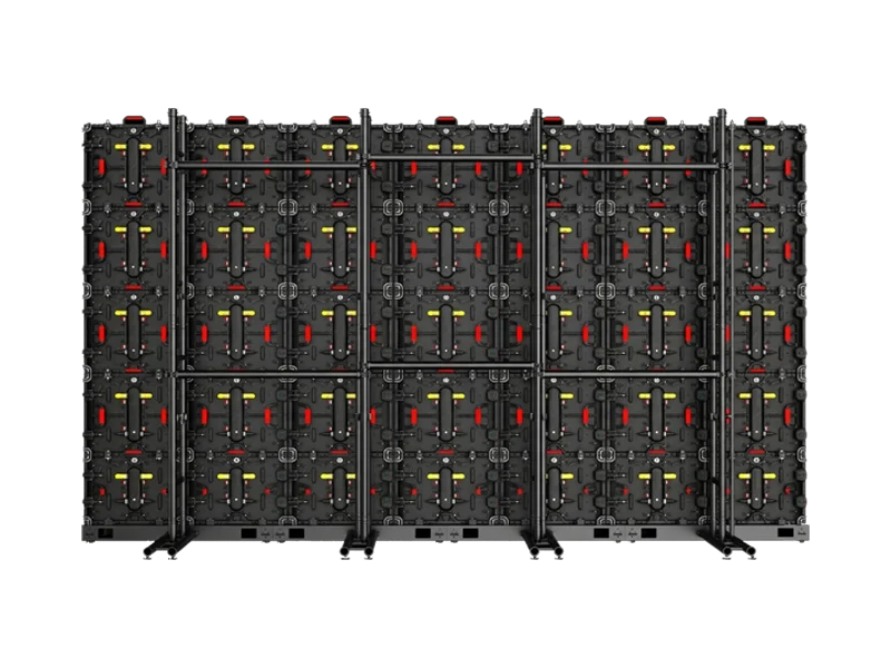 large-scale Adhaiwell R3 Series rental LED screen wall installation, showcasing the complex truss frame and integrated wireless cabinet modules