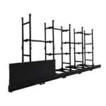 Heavy-duty black aluminum truss frame system for rental LED display support, featuring a modular ground-stacking structure with adjustable leveling feet and secure locking mechanisms.