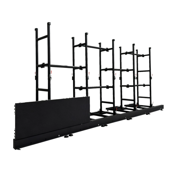 Heavy-duty black aluminum truss frame system for rental LED display support, featuring a modular ground-stacking structure with adjustable leveling feet and secure locking mechanisms.