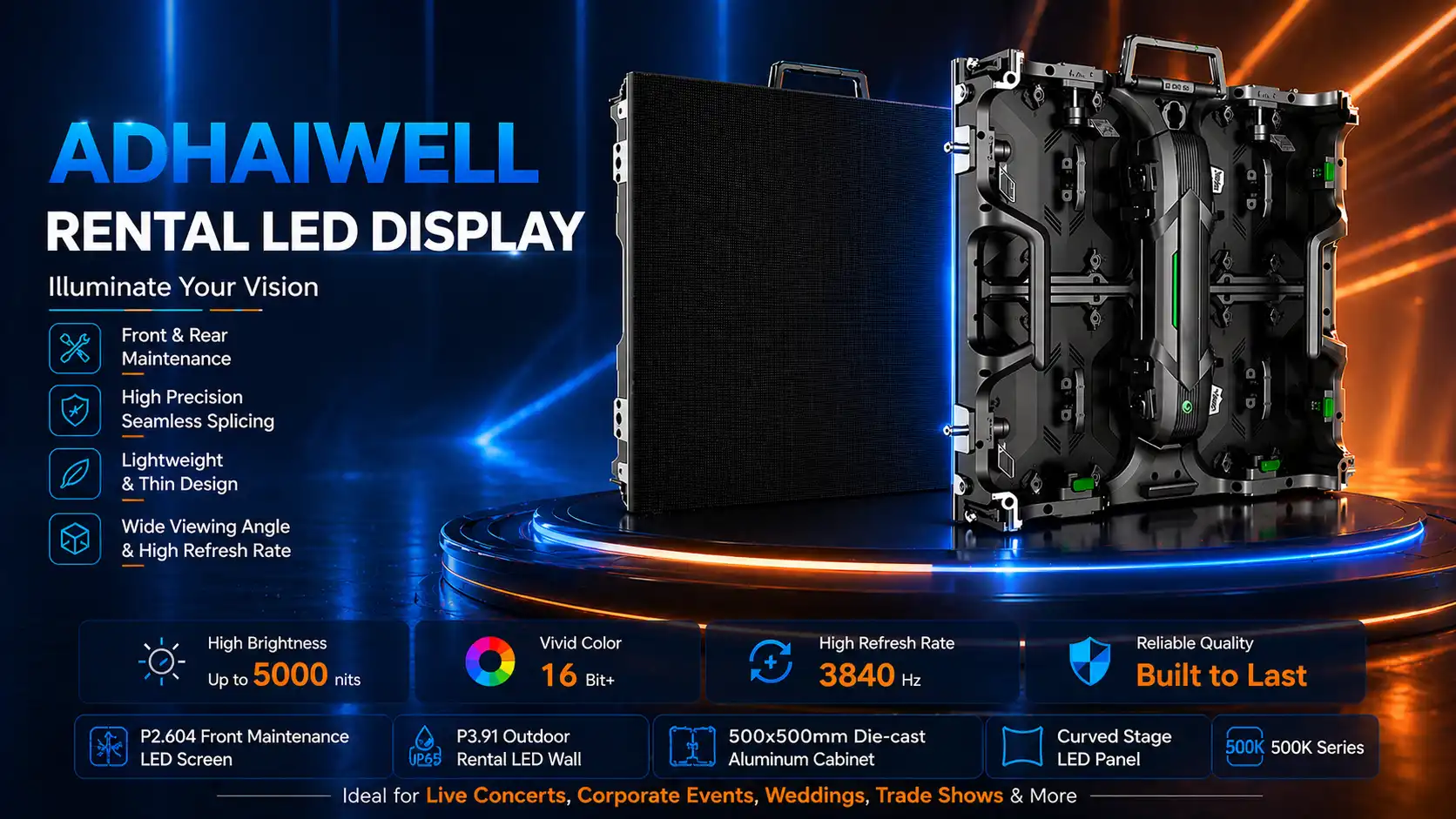 Rental LED display for stage events featuring P2.604 front maintenance LED screen and P3.91 outdoor rental LED wall with 500x500mm die-cast aluminum cabinet, lightweight, seamless curved LED panel for concerts, weddings, and trade shows
