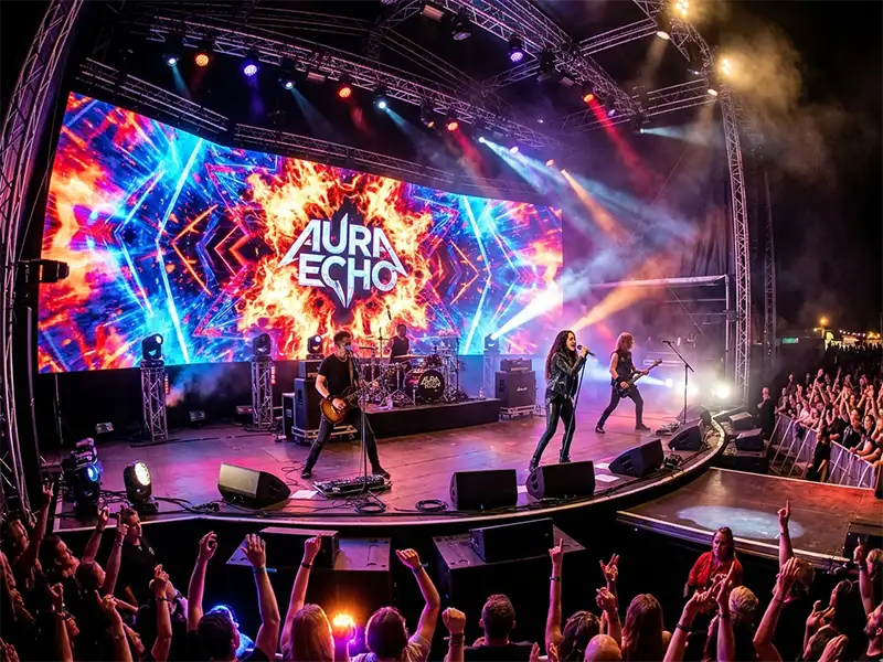 Large rental LED video wall on a live concert stage with vibrant visuals, modular LED panels, and immersive background display for music festival performance