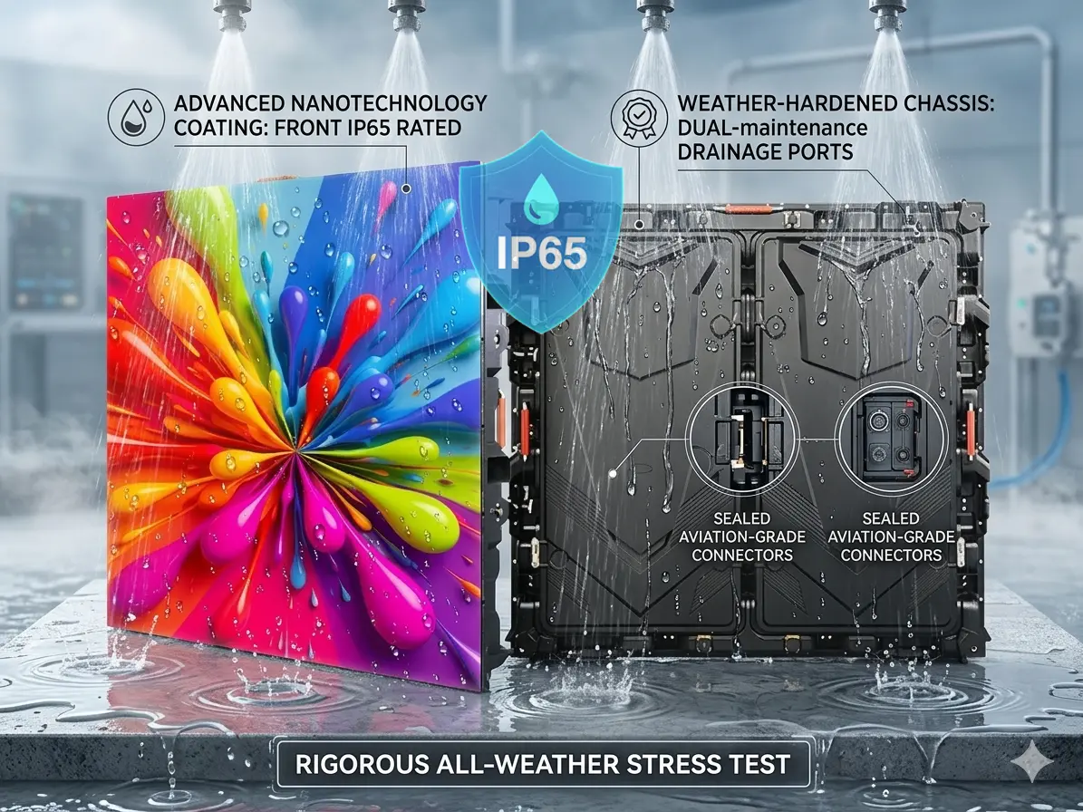 Adhaiwell die-cast aluminum LED display undergoing high-pressure water spray test, highlighting IP65 waterproof rating and sealed aviation connectors.