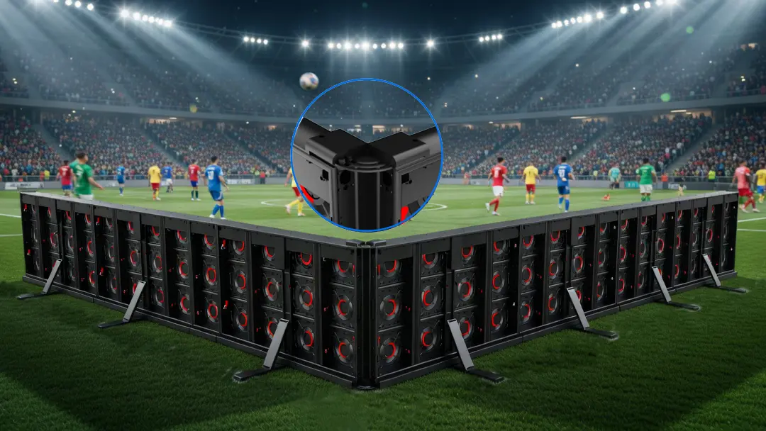 Close-up of Adhaiwell stadium LED perimeter screen corner, showcasing 90°-180° adjustable angle mechanism for seamless, gap-free installation in football stadium perimeters.