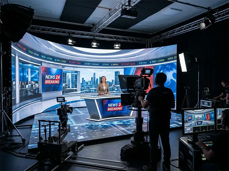 High refresh rate rental LED video wall installed in TV studio virtual production environment, used for XR stage background and broadcast filming without scan lines