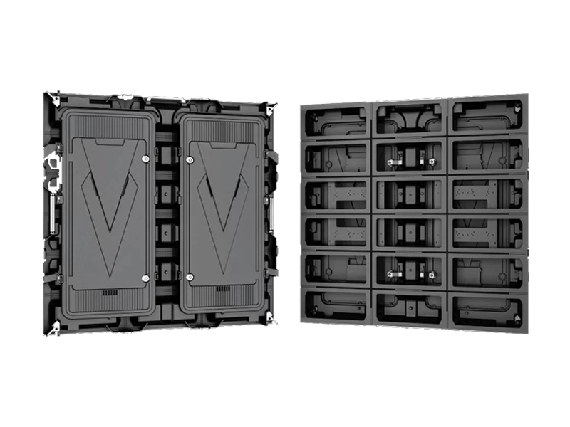 Die-cast aluminum outdoor LED display cabinet with front and rear maintenance access.