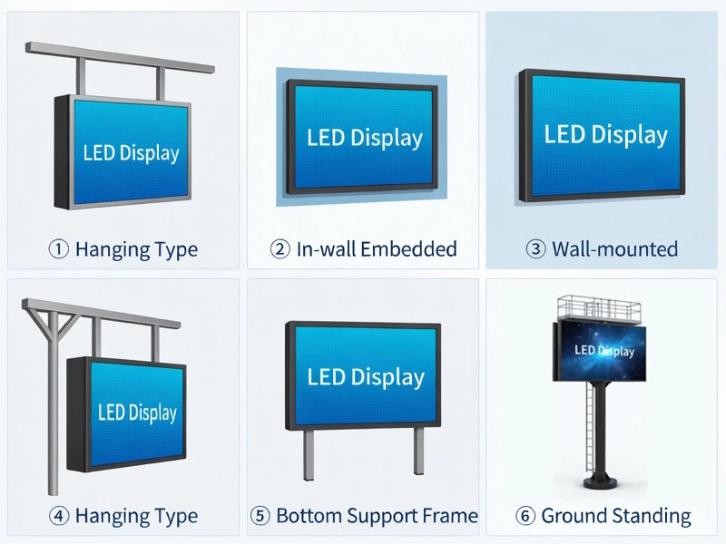 Various installation methods for outdoor fixed steel cabinet LED billboard and advertising displays including hanging type, in-wall embedded, wall-mounted, bottom support frame and ground standing options