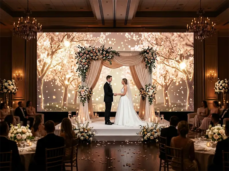 Elegant wedding stage with large LED background screen showing romantic visuals, floral animations, and soft lighting for event backdrop display