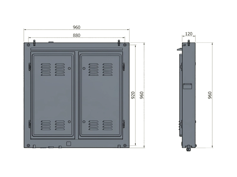Technical dimensional drawing of Adhaiwell 960x960mm outdoor fixed steel cabinet LED display showing front and side views.