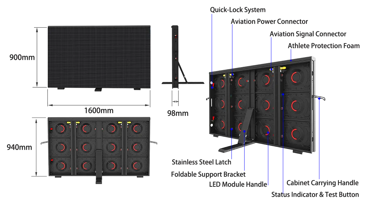 Technical diagram of Adhaiwell aluminum profile stadium perimeter LED screen showing 1600x900mm dimensions, foldable support bracket, and aviation connectors.