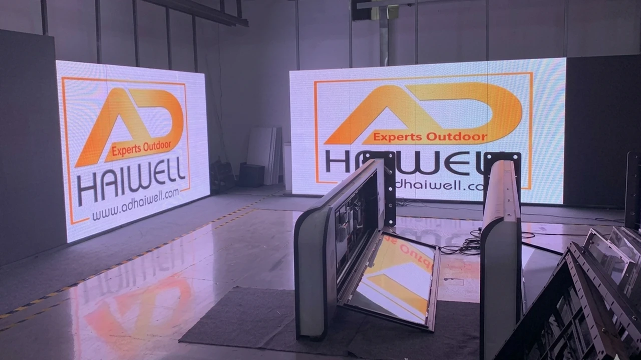 Adhaiwell outdoor fixed steel cabinet LED displays undergoing 72-hour aging test in Shenzhen factory workshop
