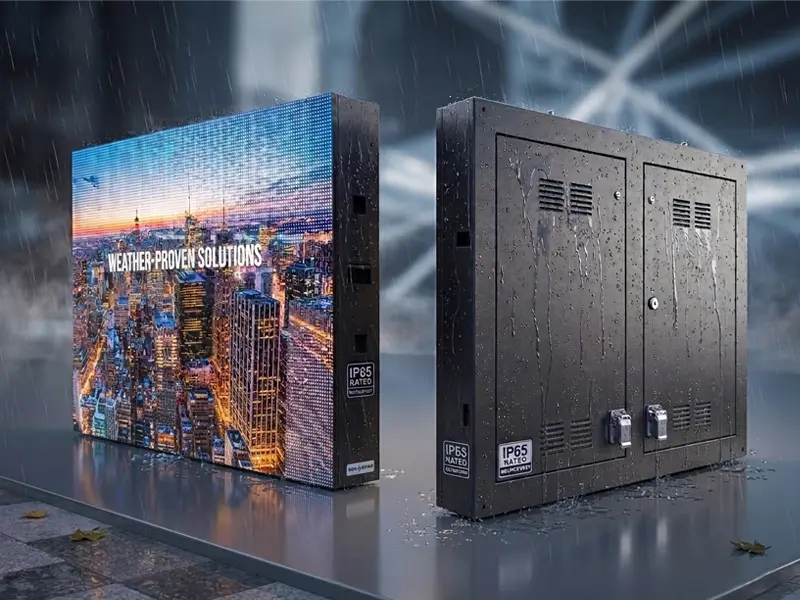 Adhaiwell weatherproof outdoor fixed steel cabinet LED display with IP65 rating showing rain resistance
