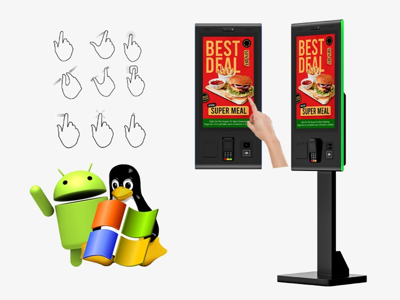 Floor-standing touch screen self-ordering kiosk for fast food restaurants, compatible with Android, Windows and Linux systems