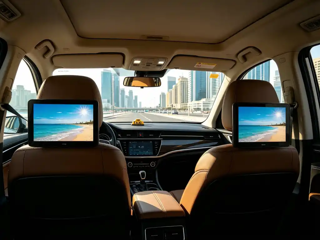 Adhaiwell 10.1 inch taxi LCD advertising screen on ride-hailing car headrest, beach city skyline view outside