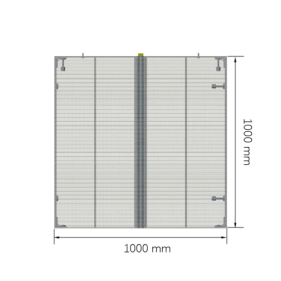 Adhaiwell 1000x1000mm transparent LED display panel technical drawing, showing dimensions and mounting hardware, by a leading Chinese manufacturer and supplier.