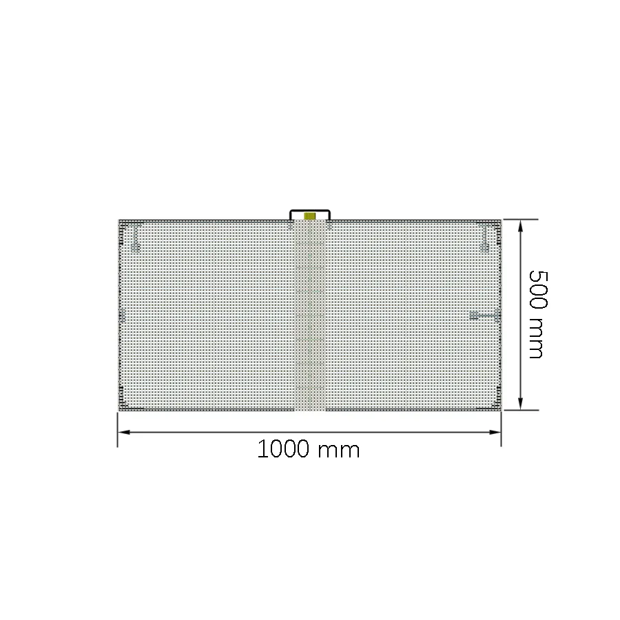 Adhaiwell 1000x500mm transparent LED display panel technical drawing, showing dimensions and modular mounting structure, by a leading Chinese manufacturer and supplier.
