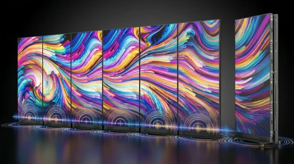 A high-end panoramic display featuring six Adhaiwell foldable LED posters in a 16:9 ratio. The first five units are perfectly aligned using CNC-machined frames for seamless screen splicing, displaying a continuous, vibrant abstract liquid-art image across the entire surface. The sixth unit is positioned with a slight gap, showcasing the unique side-folding mechanism and die-cast aluminum profile. At the base of all units, glowing soundwave visualizations represent the integrated audio-visual synchronization for professional events and retail branding.