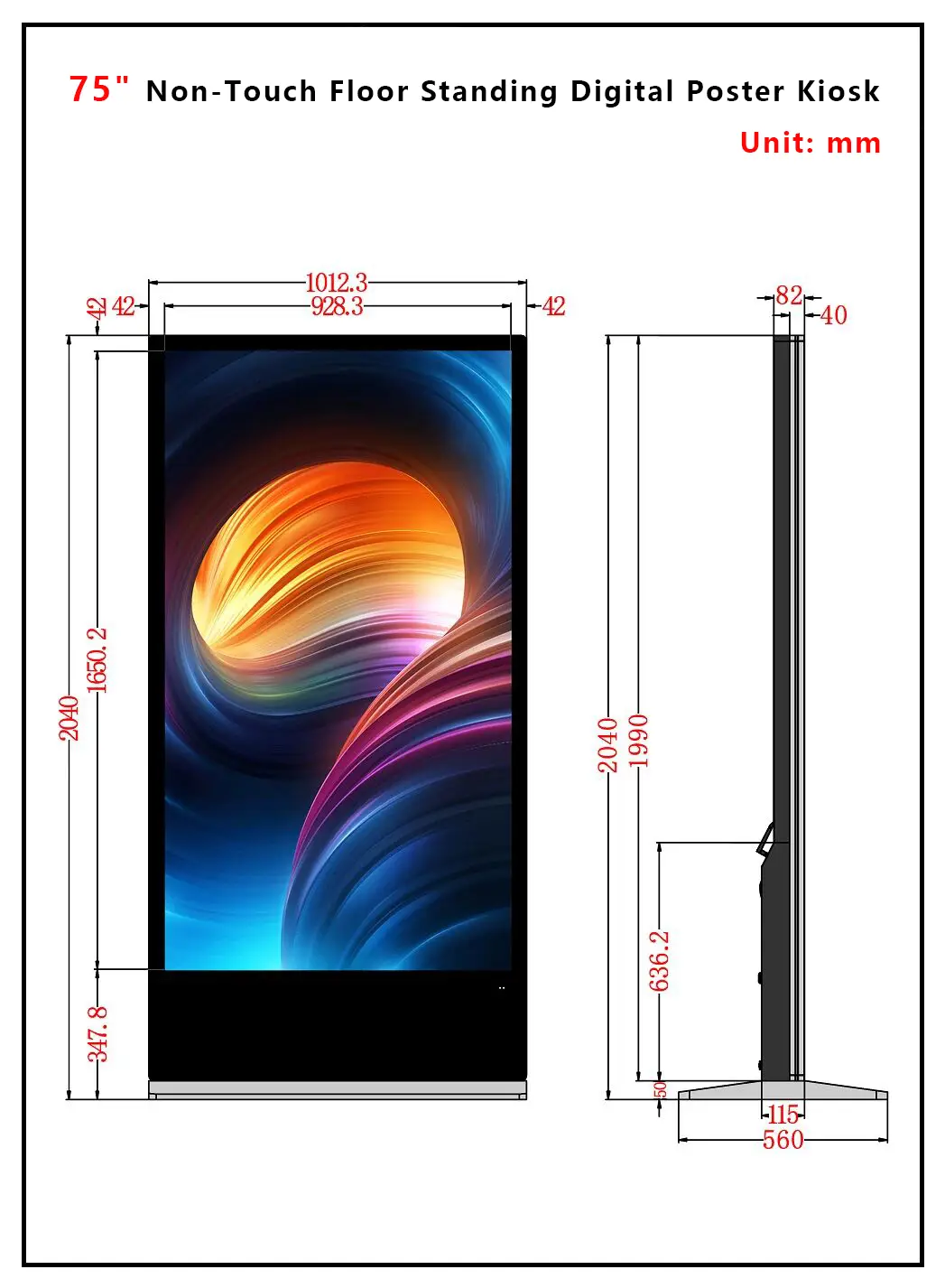Adhaiwell 75-inch large floor standing digital signage dimension drawing with mm specs, China factory manufacturer