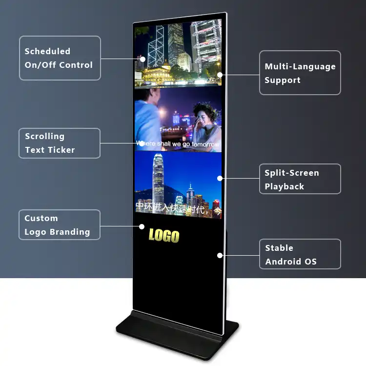 Adhaiwell Android floor standing digital signage with split-screen, scheduled control, custom logo for commercial advertising
