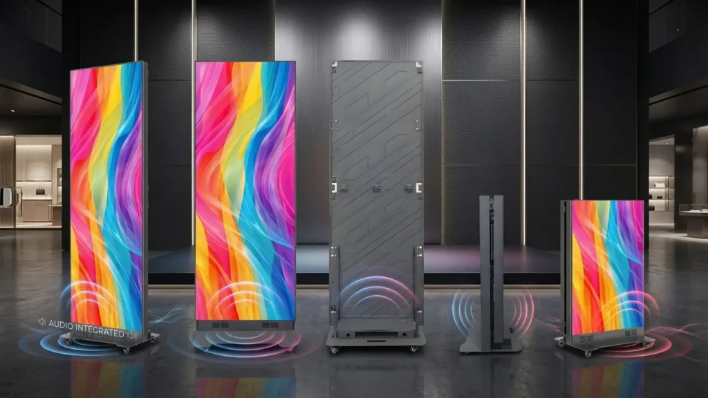 A five-unit display of Adhaiwell's foldable LED posters in a modern mall atrium. From left: an angled front view, a full front view, and a rear view showing the reinforced hinge and sleek aluminum cabinet. The final two units demonstrate the innovative folding process. Colored soundwave visualizations pulse from the built-in speakers at the base of all units, highlighting the synchronized audio-visual capabilities for retail and event advertising. The leftmost poster is labeled "AUDIO INTEGRATED" to emphasize the key feature.