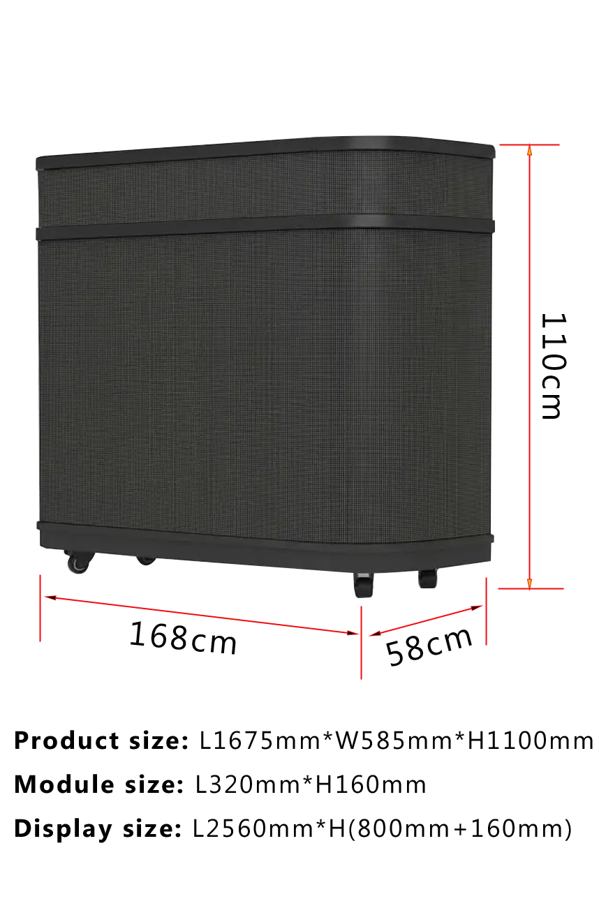 Adhaiwell curved front desk LED display dimensional drawing with key specs: 1675x585x1100mm product size, 320x160mm module size, 2560mm display width
